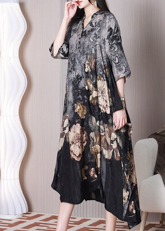 Grey Asymmetrical Design Print Silk Dresses Half Sleeve