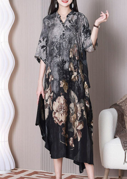Grey Asymmetrical Design Print Silk Dresses Half Sleeve