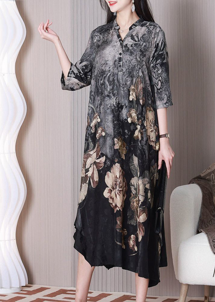 Grey Asymmetrical Design Print Silk Dresses Half Sleeve