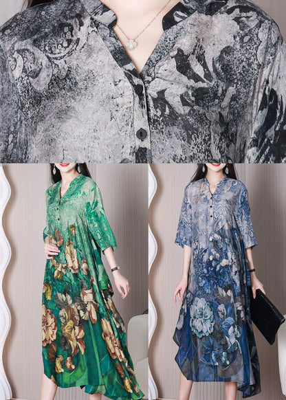Grey Asymmetrical Design Print Silk Dresses Half Sleeve