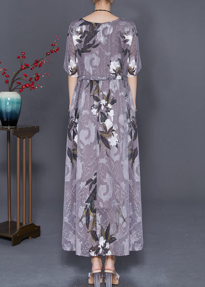 Grey Cinched Print Chiffon Long Dresses Summer