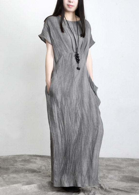 Grey O-neck Pockets Wrinkled Tie Waist Linen Long Dresses Short Sleeve