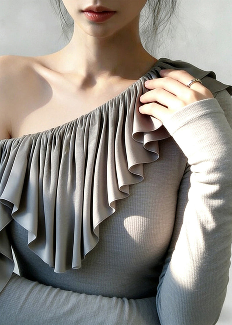 Grey One Shoulder Ruffles Cotton Top Spring
