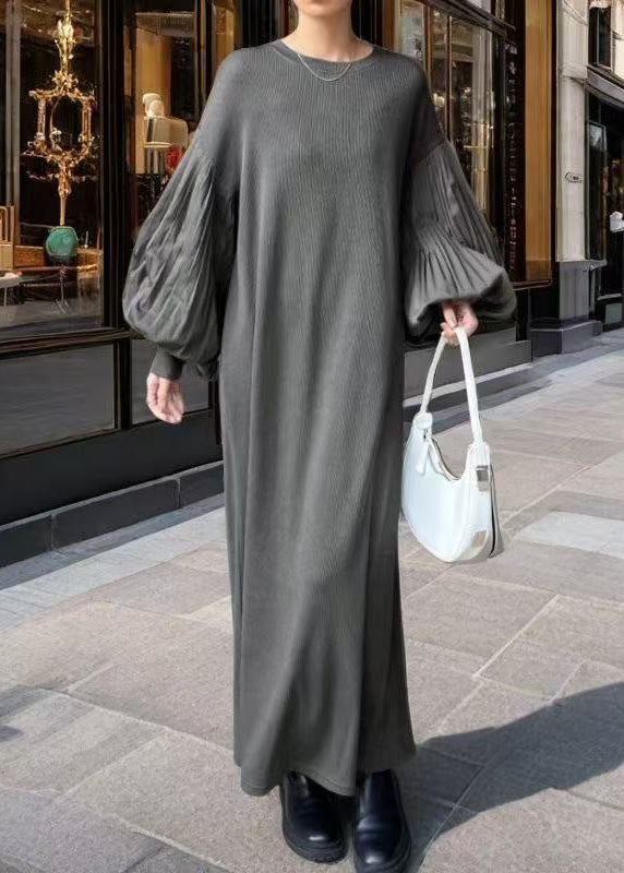 Grey Oversized Patchwork Cotton Dress Lantern Sleeve