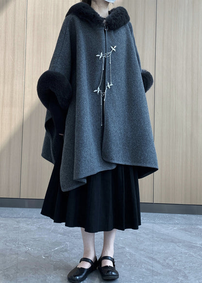 Grey Oversized Patchwork Faux Fur Woolen Trench Winter