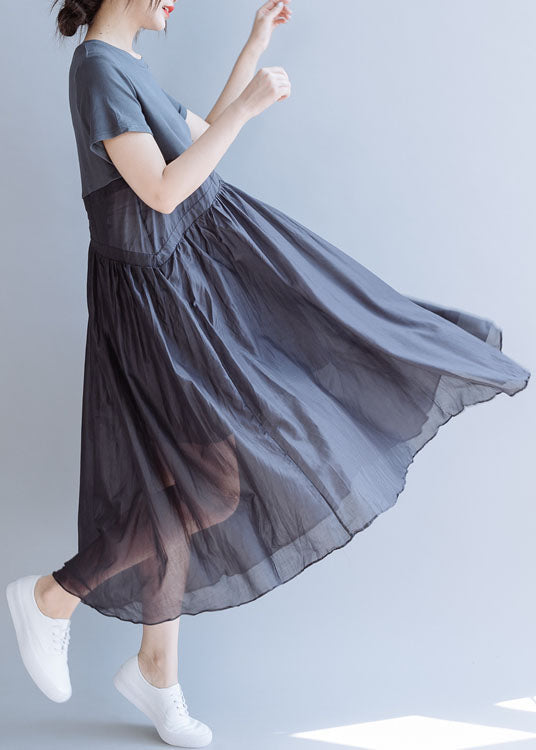 Grey Patchwork Cotton Party Dress Short Sleeve