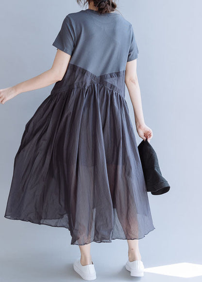 Grey Patchwork Cotton Party Dress Short Sleeve
