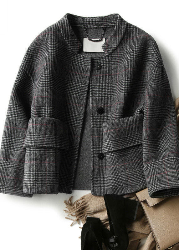 Grey Plaid Retro Loose Pockets Button Fall Winter Coat