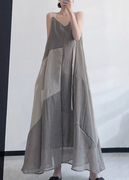 Grey V Neck Asymmetrical Design Patchwork Linen Spaghetti Strap Dress Sleeveless