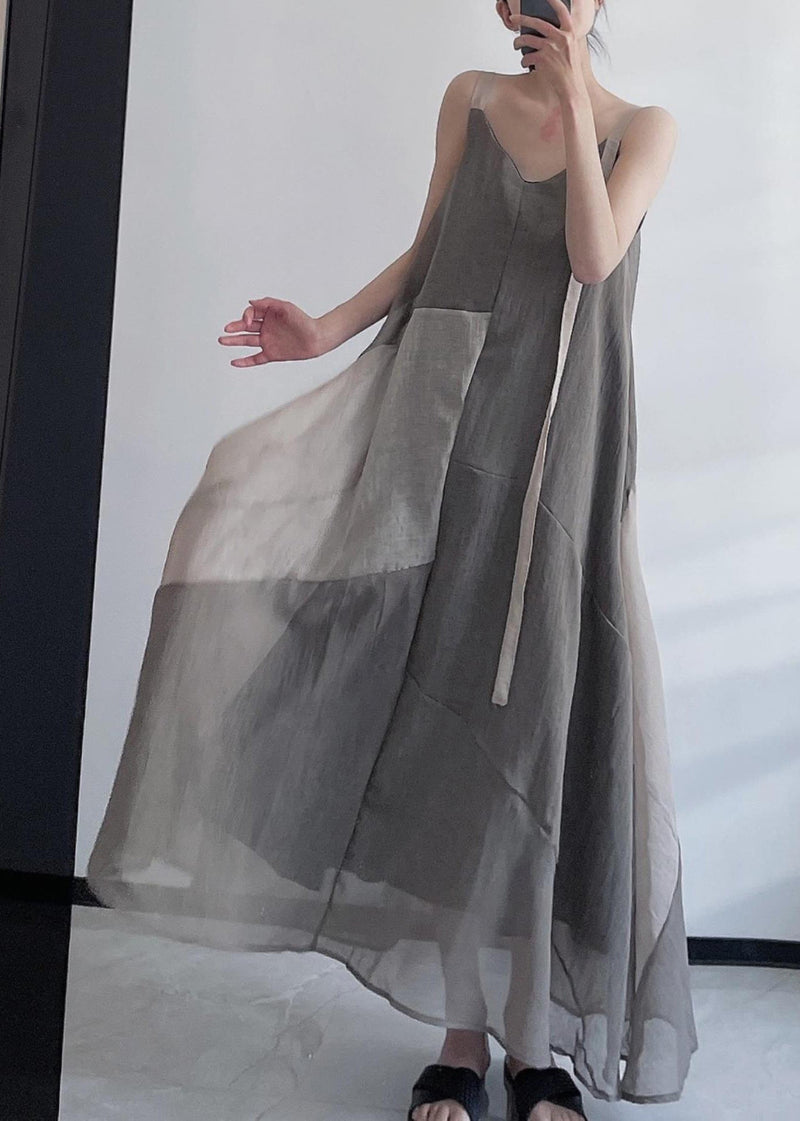 Grey V Neck Asymmetrical Design Patchwork Linen Spaghetti Strap Dress Sleeveless