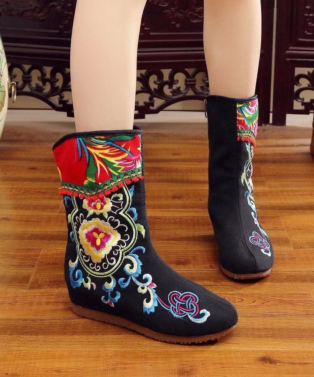 Handmade Comfy Red Embroidery Wedge Boots