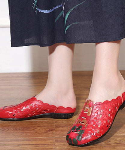 Hollow Out Splicing Red Cowhide Leather Slide Sandals