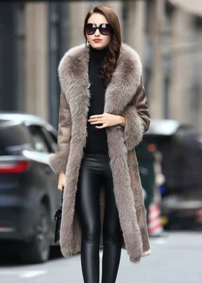 Khaki Fox Collar Cinched Fuzzy Rabbit Leather and Fur Coats Winter
