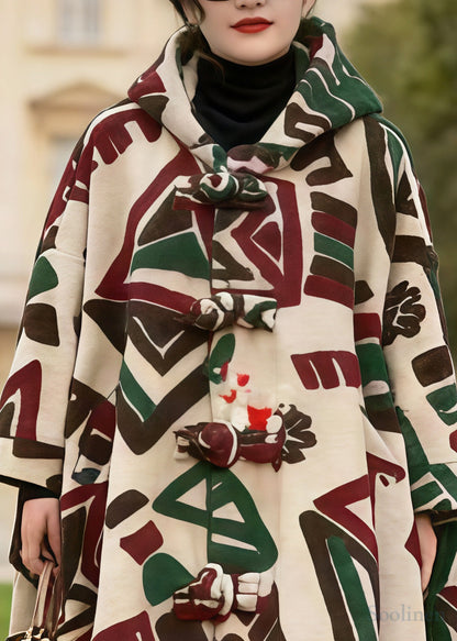 Khaki Hooded Jacquard Chinese Button Woolen Coats Winter