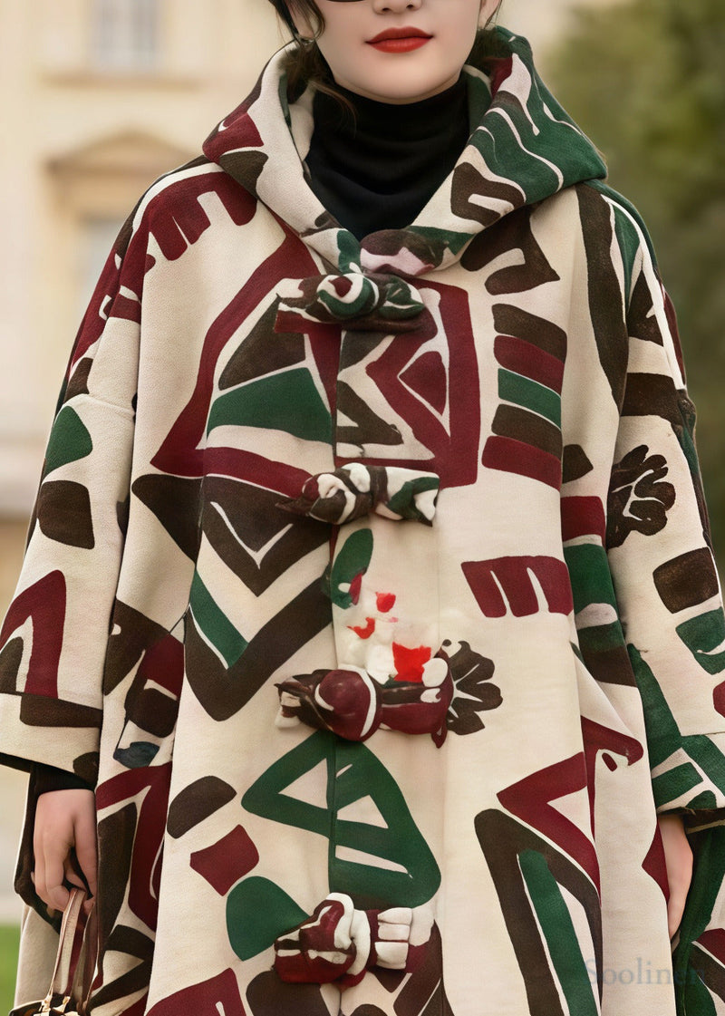 Khaki Hooded Jacquard Chinese Button Woolen Coats Winter