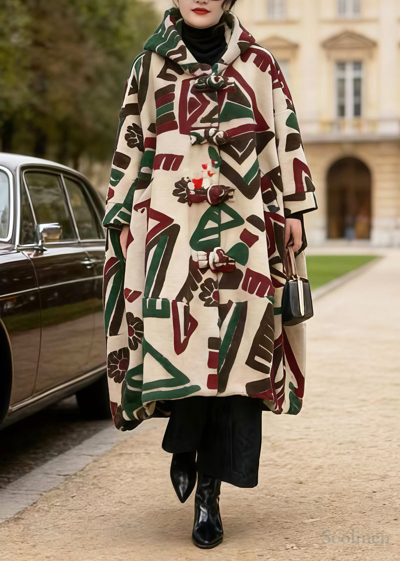 Khaki Hooded Jacquard Chinese Button Woolen Coats Winter