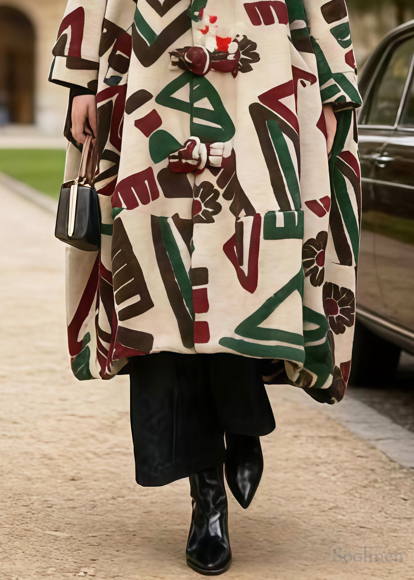 Khaki Hooded Jacquard Chinese Button Woolen Coats Winter