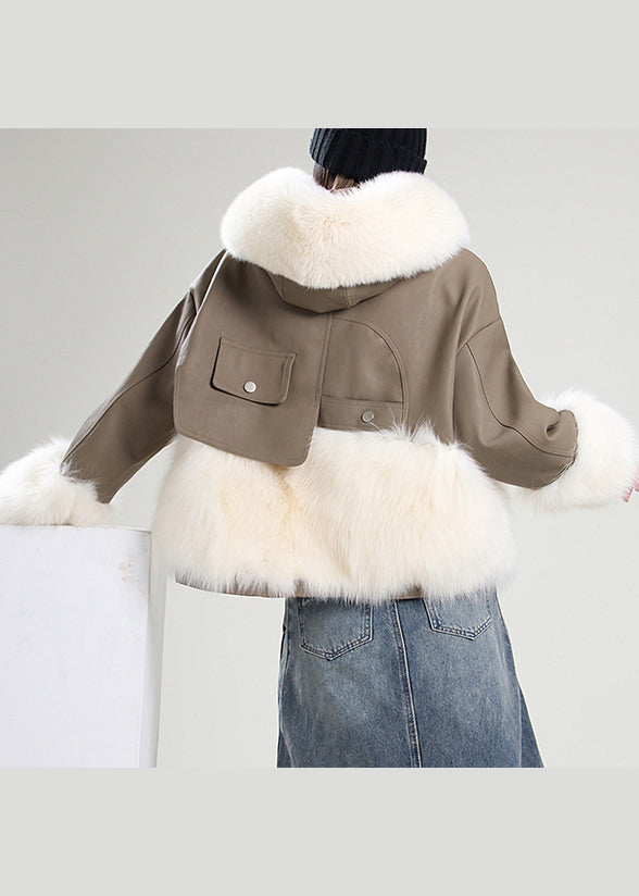 Khaki Hooded Patchwork Faux Leather Coat Winter