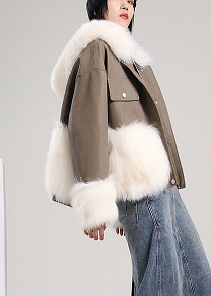 Khaki Hooded Patchwork Faux Leather Coat Winter