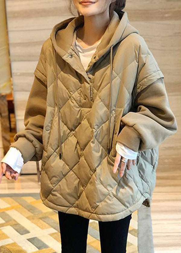 Khaki Hooded Patchwork Fine Cotton Filled Sweatshirt Winter
