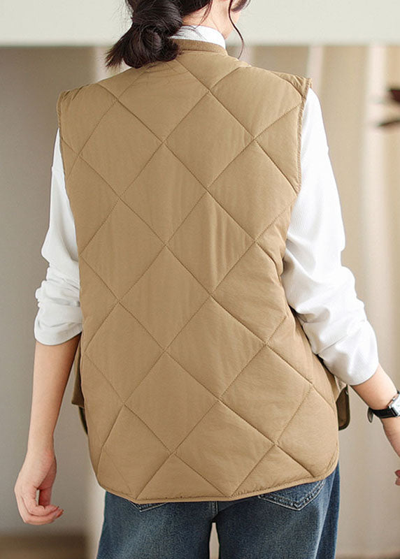 Khaki O-neck Pockets Patchwork Parka Winter