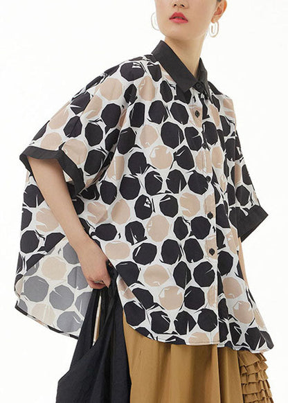 Khaki Peter Pan Collar Print Cotton Shirts Top Summer