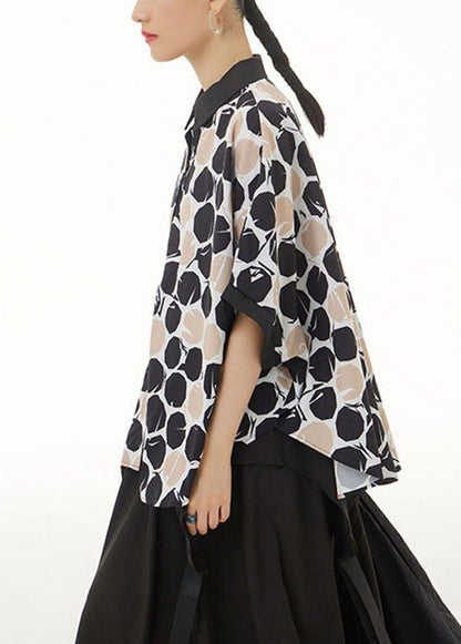 Khaki Peter Pan Collar Print Cotton Shirts Top Summer