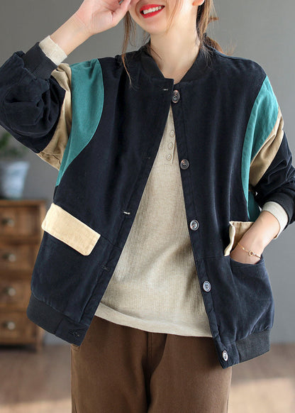 Khaki Pockets Button Patchwork Loose Winter Thick Jacket