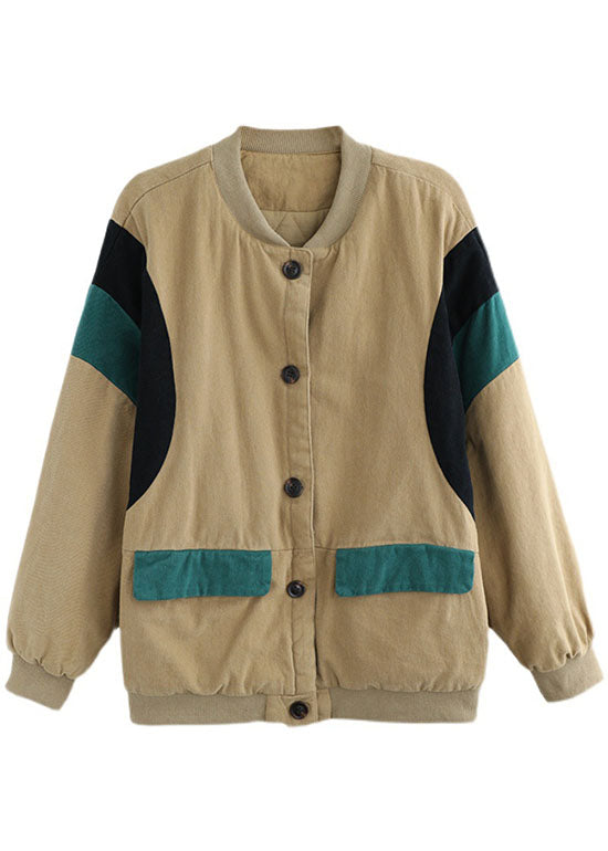 Khaki Pockets Button Patchwork Loose Winter Thick Jacket