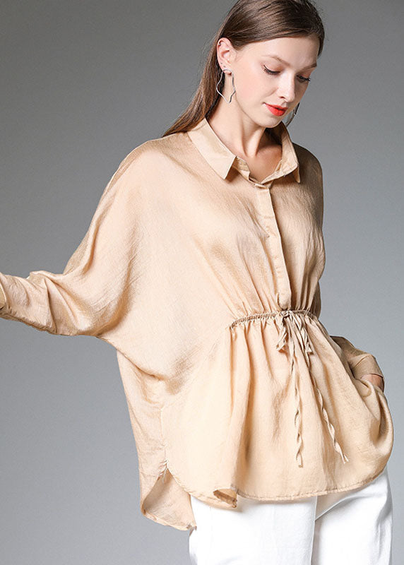 Khaki Peter Pan Collar Drawstring Silk Shirt Tops Long Sleeve