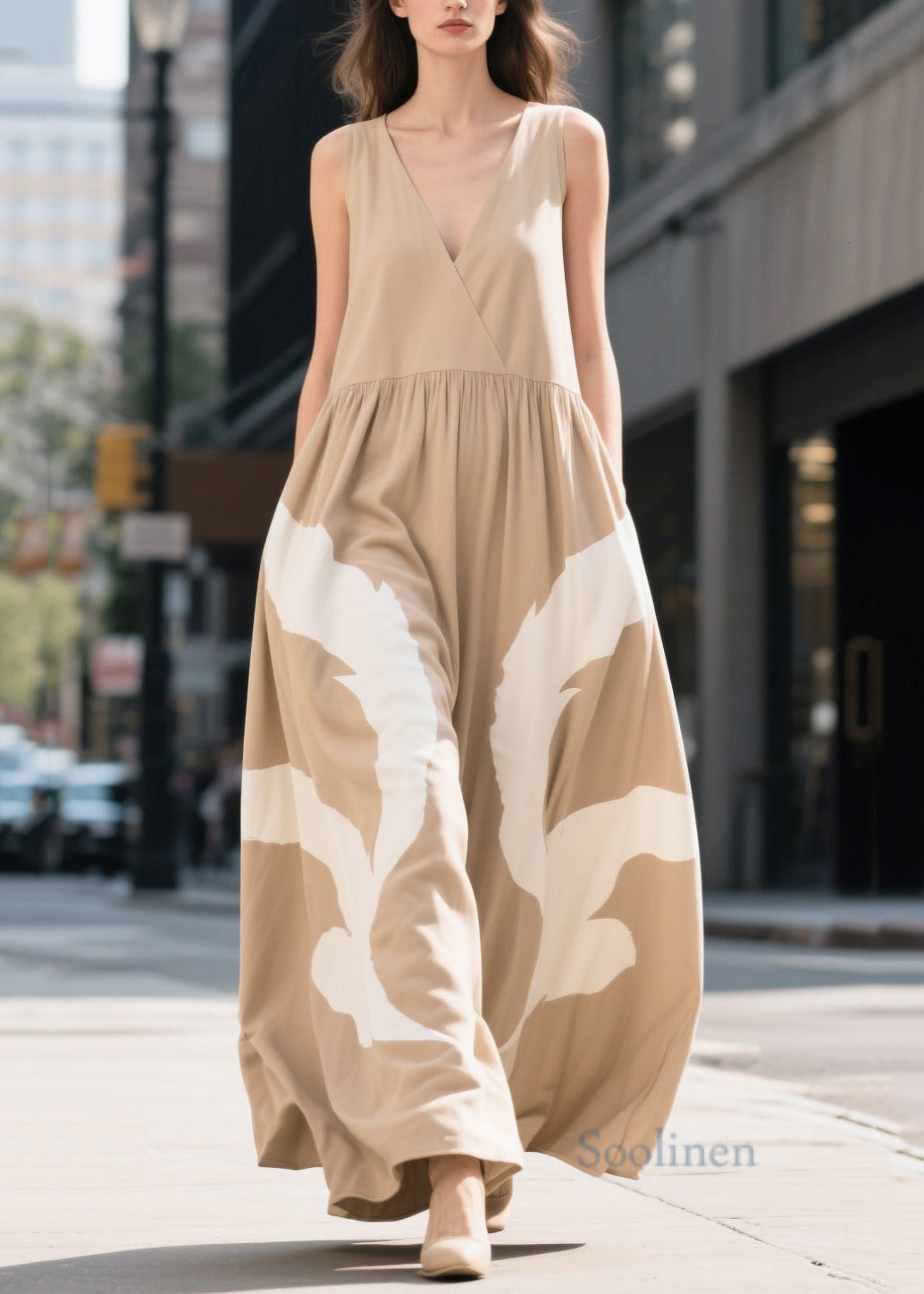 Khaki V Neck Print Cotton Ankle Dress Summer