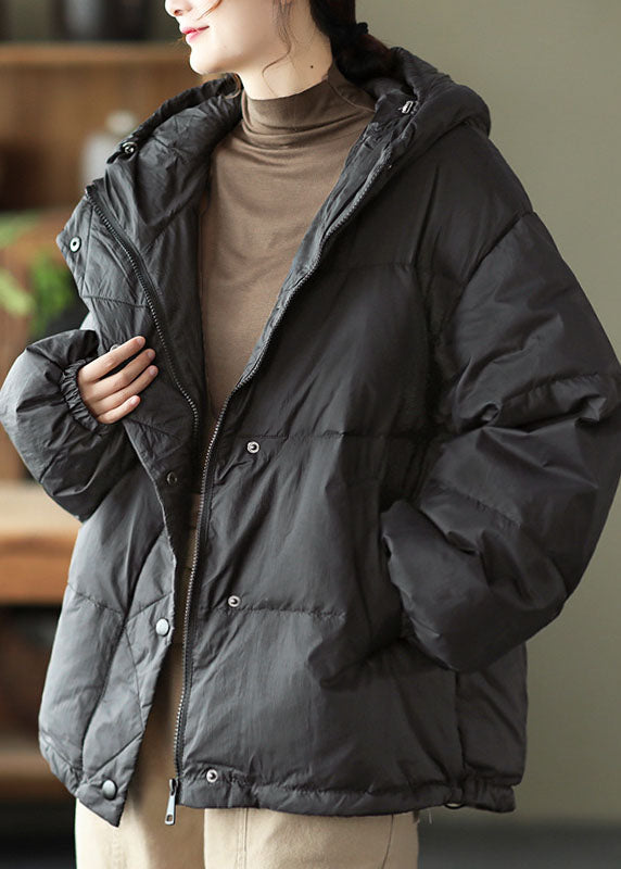 Khaki Hooded Zippered Pockets Loose Winter Down Coat