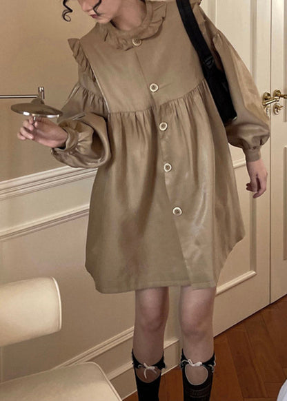 Laight Chocolate Stand Collar Patchwork Ruffled Wrinkled Button Mid Dress Long Sleeve