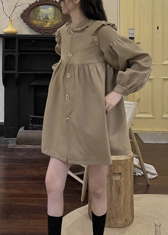 Laight Chocolate Stand Collar Patchwork Ruffled Wrinkled Button Mid Dress Long Sleeve