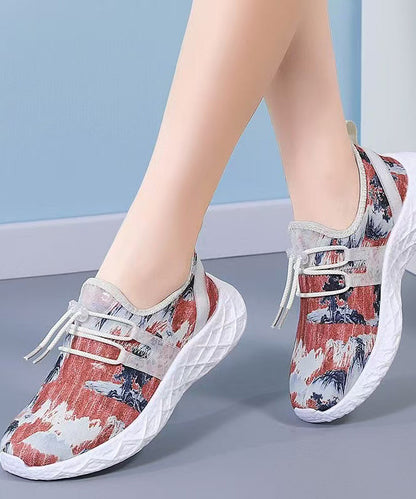 Lace Up Flat Shoes Red Print Knit Fabric
