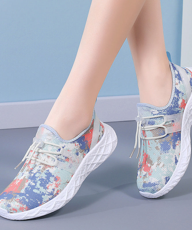 Lace Up Flat Shoes Red Print Knit Fabric