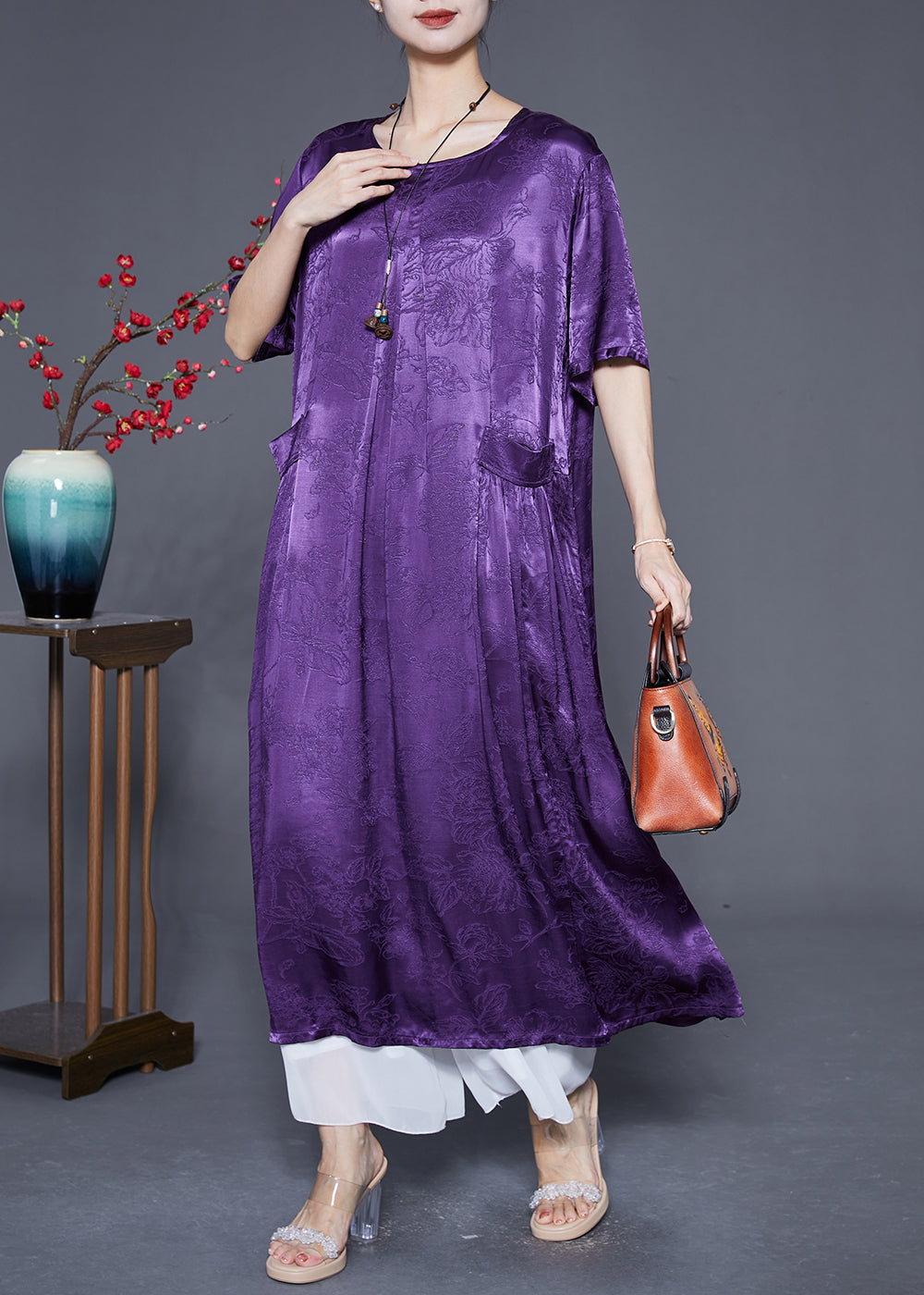 Lavender Oversized Jacquard Silk Long Dress Summer