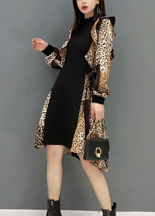 Leopard Print Tie Waist Patchwork Chiffon Dresses Spring