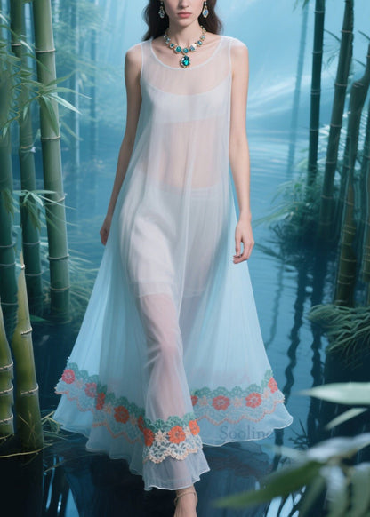 Light Blue Oversized Patchwork Tulle Sheer Dresses Summer