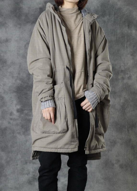 Light Green Hooded Pockets Winter Tie Waist Cotton Puffer Jacket Long Sleeve