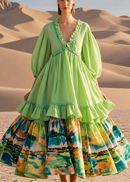Light Green Ruffled Patchwork Exra Large Hem Cotton Party Dress Half Sleeve