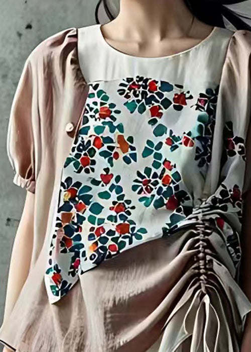 Light Pink Print Drawstring Cotton Shirt Summer