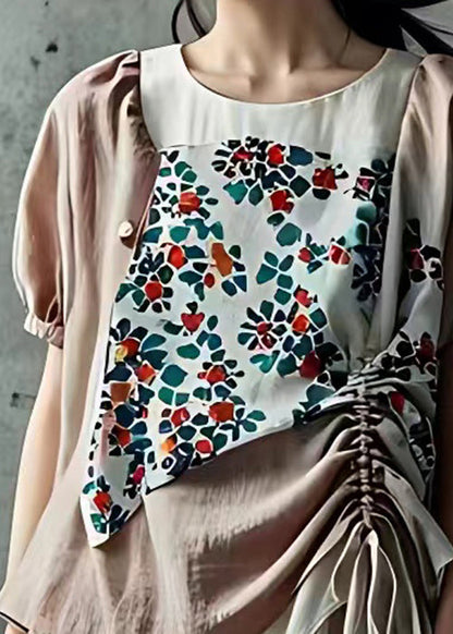 Light Pink Print Drawstring Cotton Shirt Summer