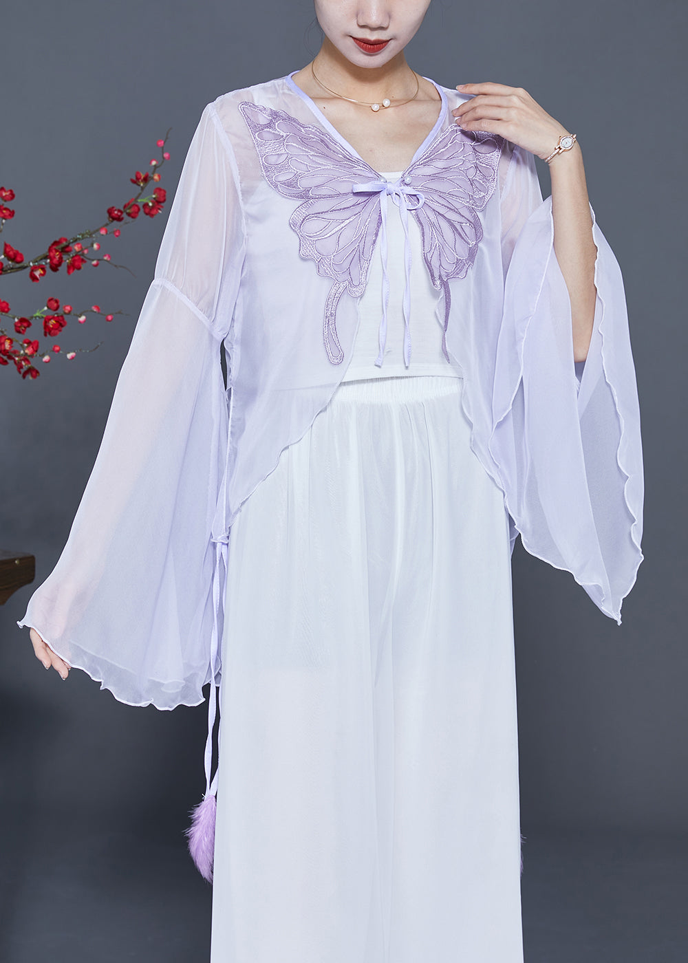 Light Purple Butterfly Embroideried Chiffon Cardigan Flare Sleeve