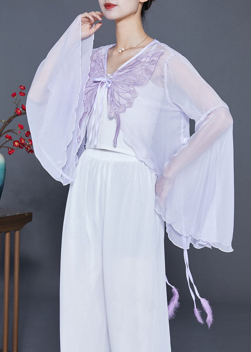 Light Purple Butterfly Embroideried Chiffon Cardigan Flare Sleeve