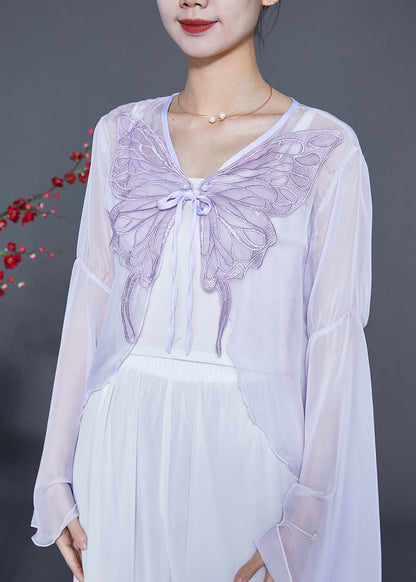 Light Purple Butterfly Embroideried Chiffon Cardigan Flare Sleeve