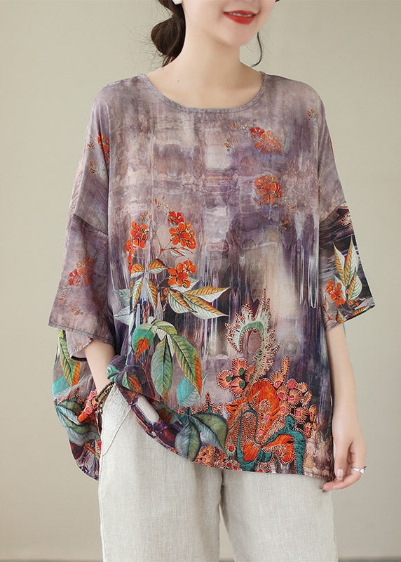 Light Purple O-neck Print Linen Top Long Sleeve