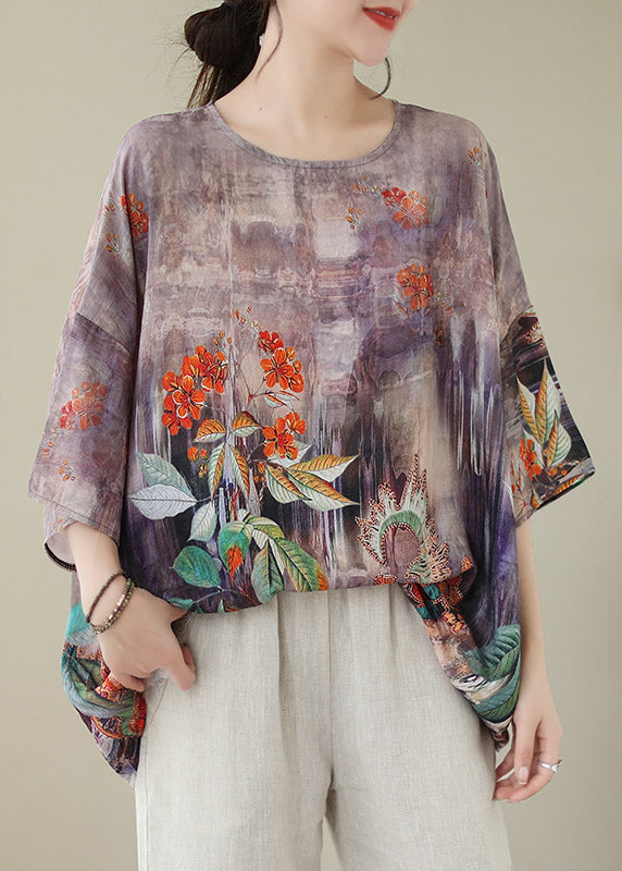 Light Purple O-neck Print Linen Top Long Sleeve