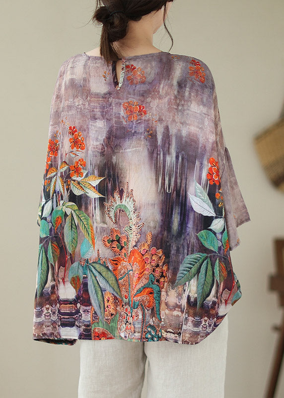 Light Purple O-neck Print Linen Top Long Sleeve