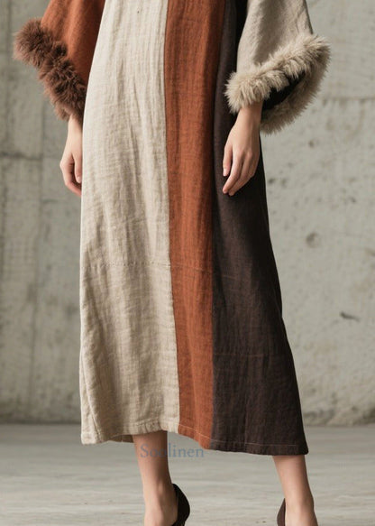 Mixed Color Oversized Patchwork Faux Fur Ankle Dress Flare Sleeve